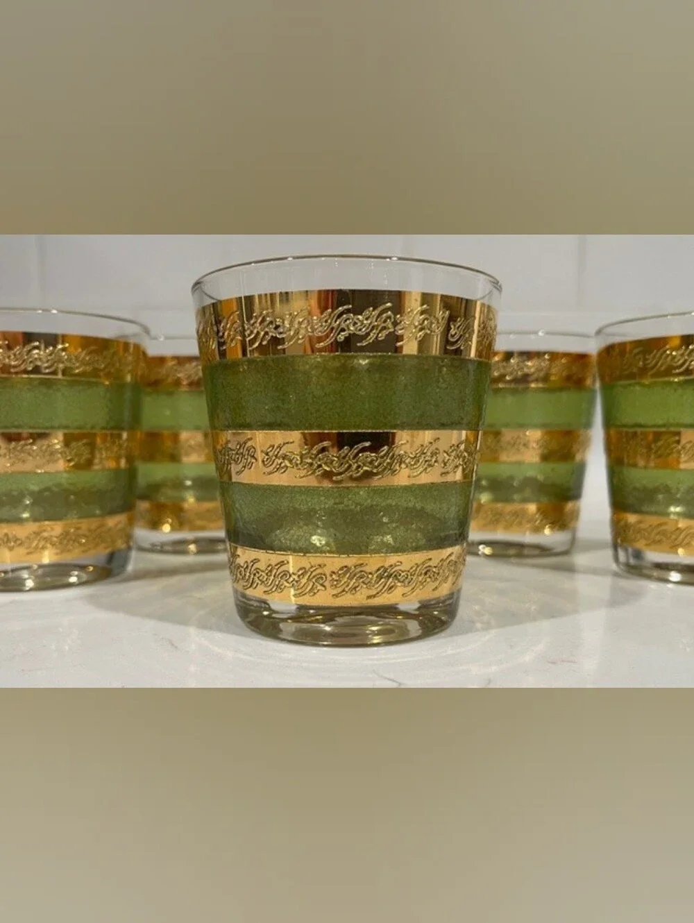 Vintage MCM Culver Starlyte‎ Green & Gold Old Fashioned Glassware - Set of 6 EUC